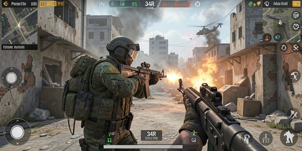 Screenshot gameplay menunjukkan aksi tembak-menembak mendebarkan di 34R.