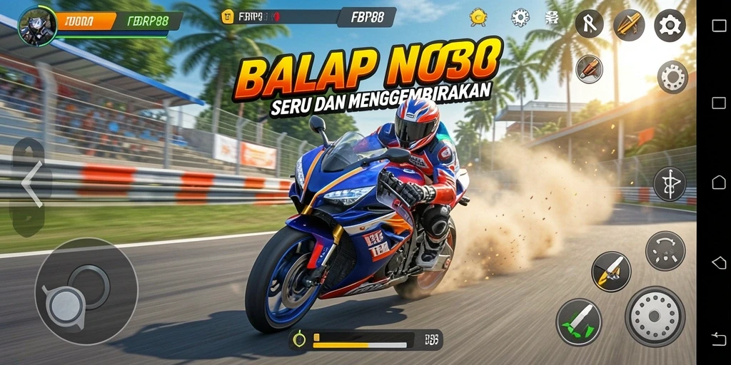 Screenshot gameplay <strong>FBRP88</strong> yang penuh aksi dan kecepatan balap motor.