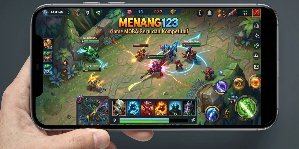 Screenshot MENANG123 menampilkan aksi tim dalam pertempuran MOBA yang epik.