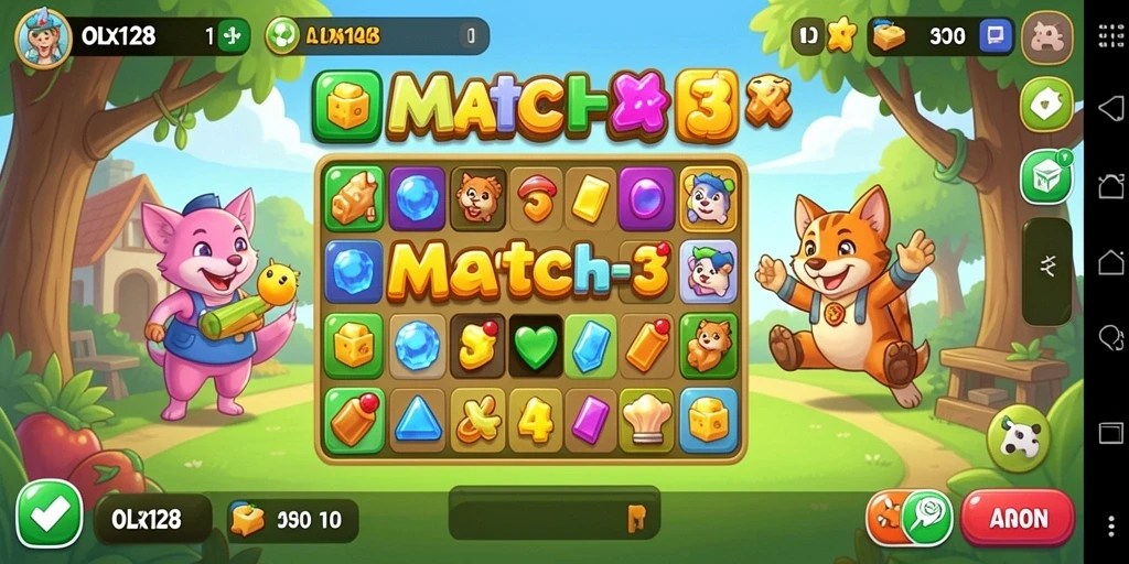 Screenshot gameplay OLX128 yang menunjukkan keseruan permainan Match-3.
