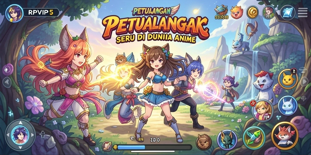 Screenshot gameplay RPVIP5 yang menampilkan karakter anime dan pertarungan seru.