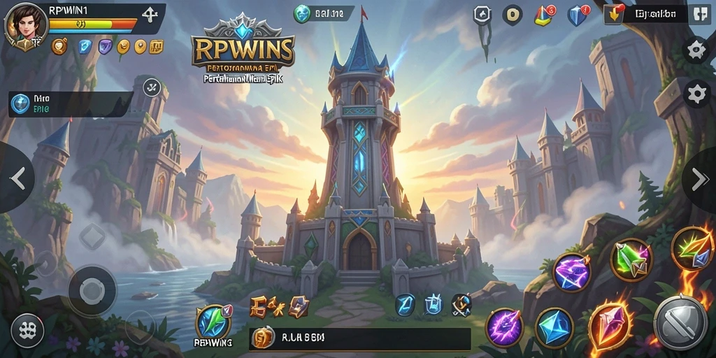 Tampilan gameplay RPWIN1 yang menegangkan dengan menara dan musuh.
