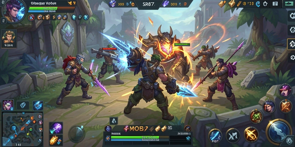 Tampilan seru pertarungan karakter dalam gameplay MOBA.