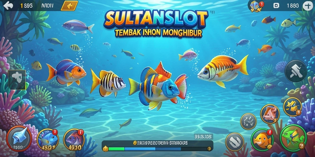 Screenshot SULTANSLOT menampilkan pemain menembak ikan dengan beragam senjata.