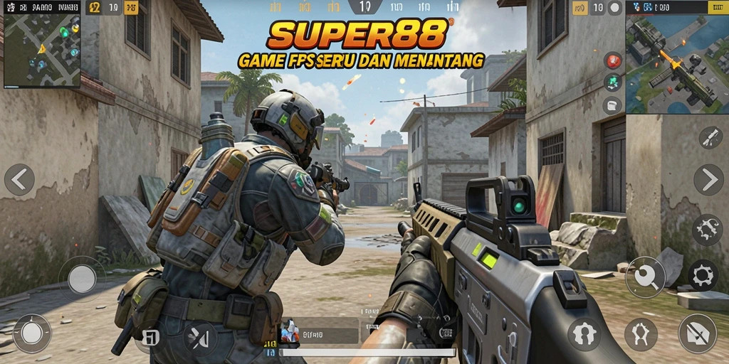 Screenshot gameplay <strong>SUPER88</strong> menampilkan aksi pertempuran FPS yang intens.