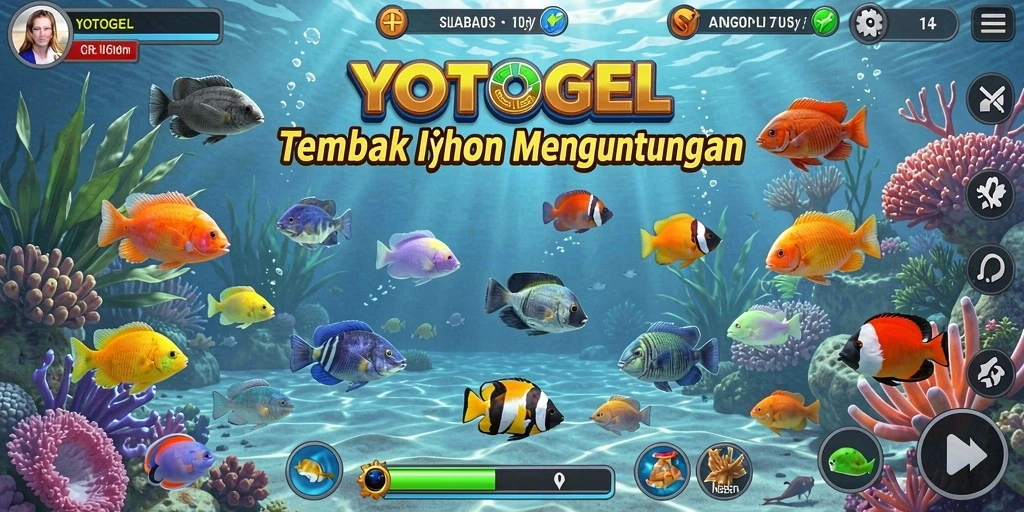 Tangkapan layar gameplay YOTOGEL dengan aksi menembak ikan.
